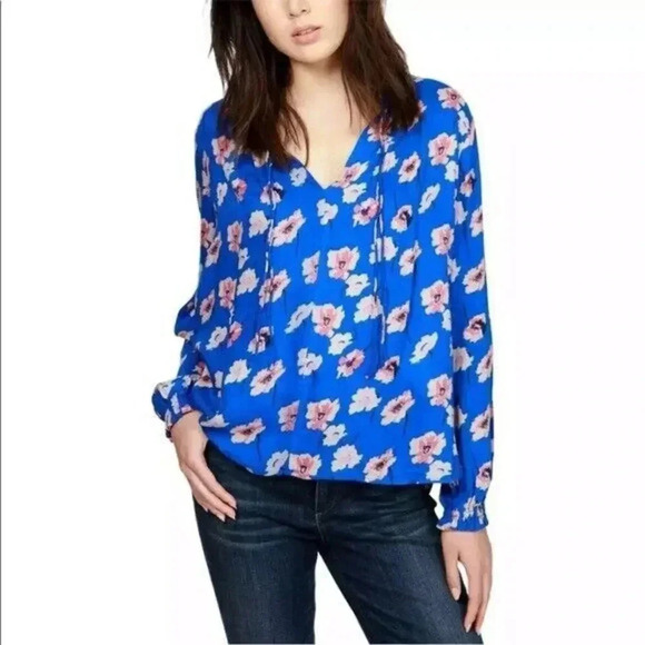 Lucky Brand Blue Floral Print Boho Peasant Long Sleeve Top L - Picture 1 of 8